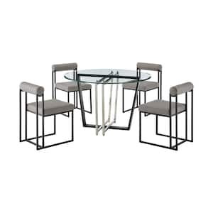 Devi Anastasia 5-Piece Light Gray Faux Leather Black and Glass Top Dining Set Seats 4