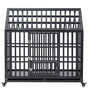 Large Heavy Duty Metal Black Dog Crate Dog Kennel with 1 Lockable Top, 1 Lockable Top Window and 4-Lockable Wheels