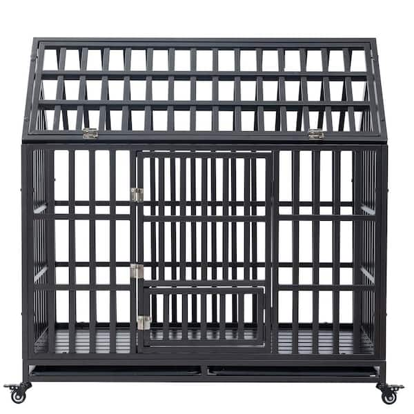 Tunearary Large Heavy Duty Metal Black Dog Crate Dog Kennel with 1 ...