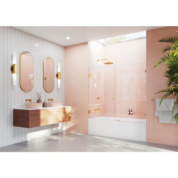 Glass Warehouse Illume 64.75 in. W x 58.25 in. H Wall Hinged Frameless Tub Door in Satin Brass with Clear Glass