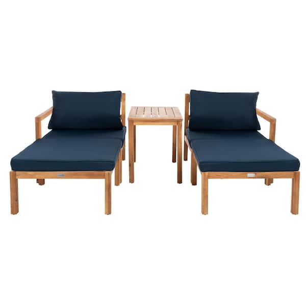 Pratia Natural Brown 5-Piece Wood Outdoor Day Bed with Navy Cushions