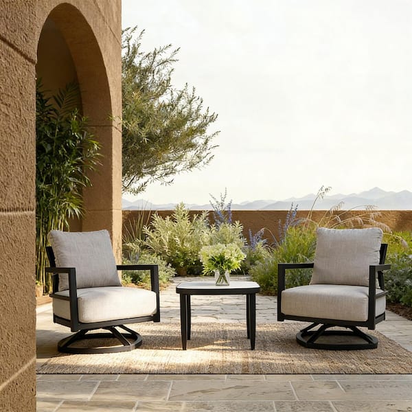Solvallo Ember Black 3-Piece Aluminum Patio Conversation Set with Sunbrella Cast Silver Cushions