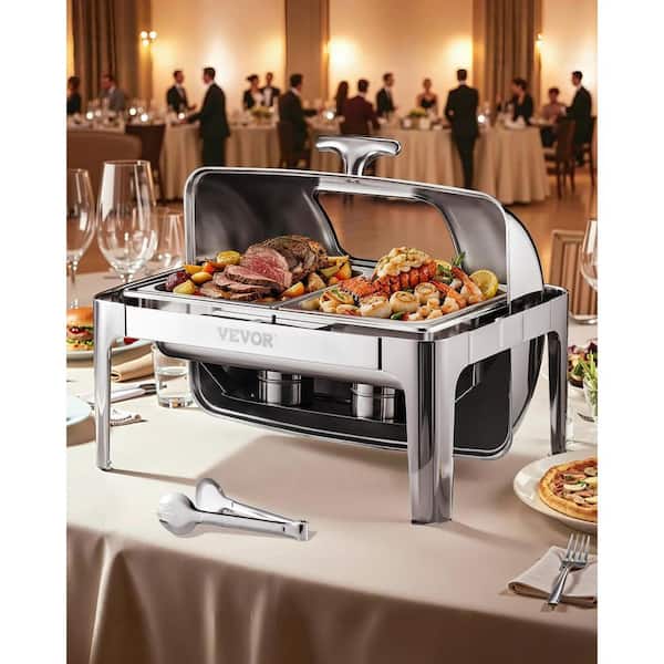 Roll Top Chafing Dish Buffet Complete Set, 9 qt. 1-Pack Stainless Steel Chafer with 2-Half Size Pans
