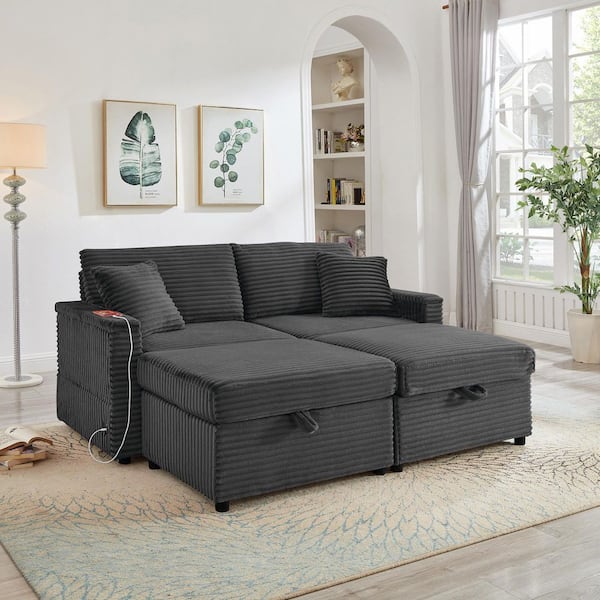 Sylvric Modern 68 in. Dark Gray Fluffy Corduroy Upholstered 2-Seats Sofa Loveseat with Storage Ottomans and Table Board