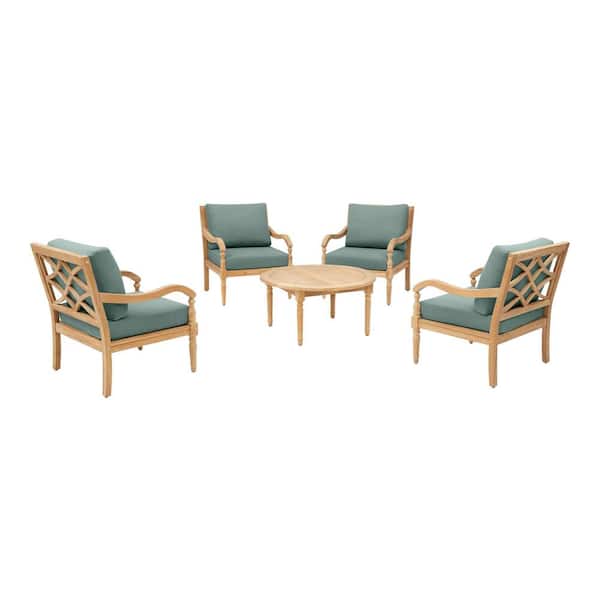 Home Decorators Collection Lakewood 5-Piece Teak Patio Chat Set with CushionGuard Plus Willow Green Cushions