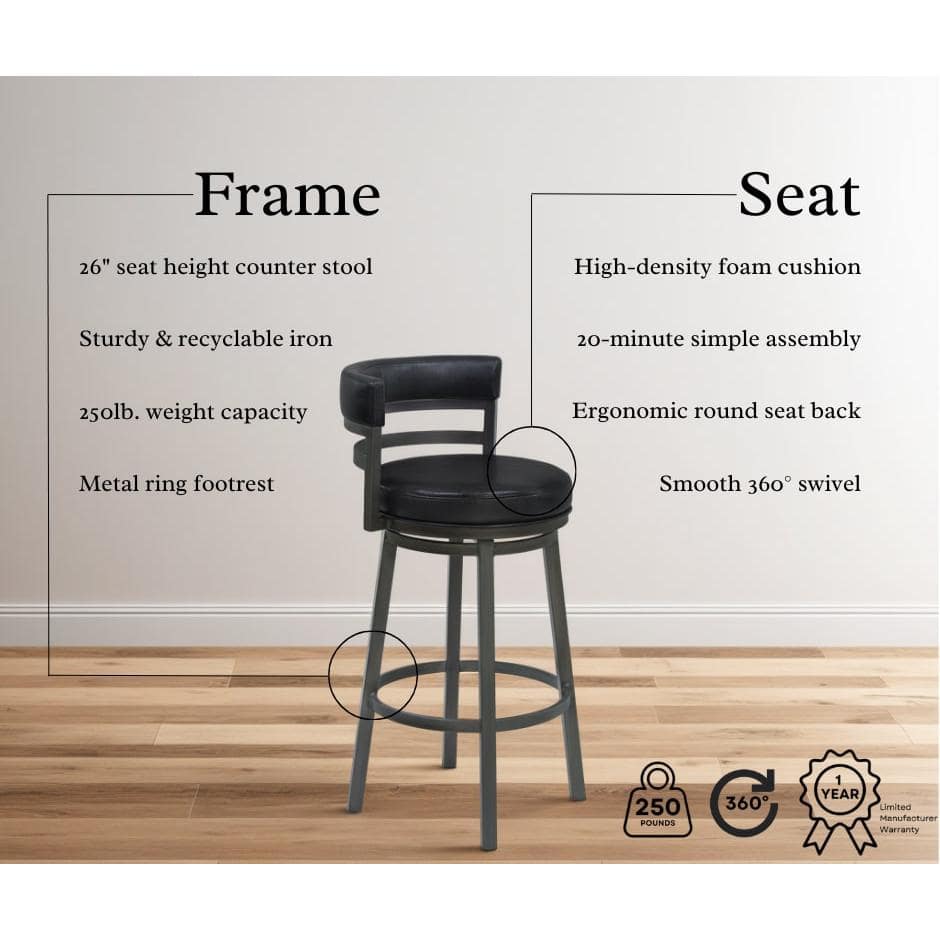 Black Faux Leather Swivel Counter Stool with Metal Frame