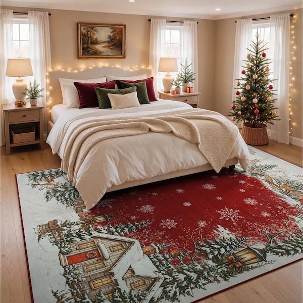 Snowy Village 8 ft. x 10 ft. Red Christmas Washable Area Rug
