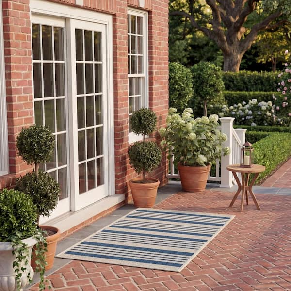 Courtyard Navy/Beige Doormat 2 ft. x 4 ft. Striped Indoor/Outdoor Patio Area Rug