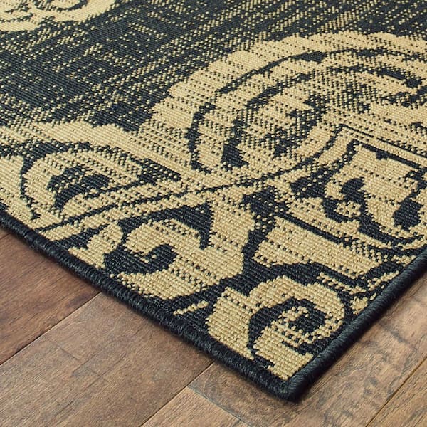 Black, Tan 2 ft. x 8 ft. Loomed Oriental Polypropylene Rectangle Indoor/Outdoor Area Rug