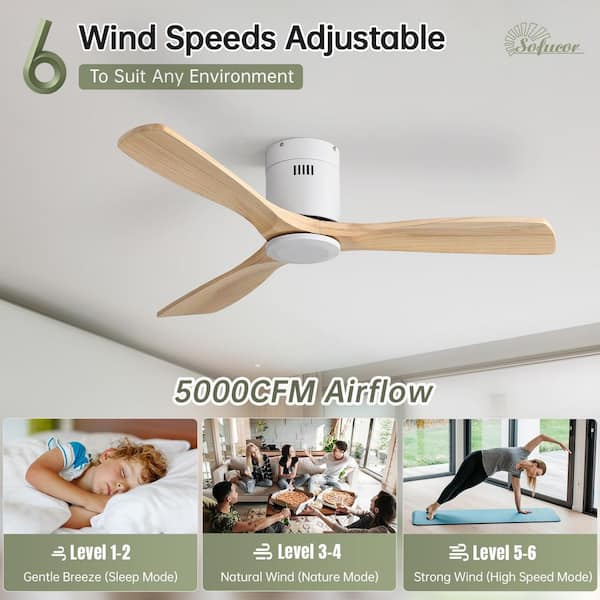 52 in. Indoor/Outdoor Flush Mount Ceiling Fan 3-Carved Wood Fan Blades White Ceiling Fan with 6-Speed Remote