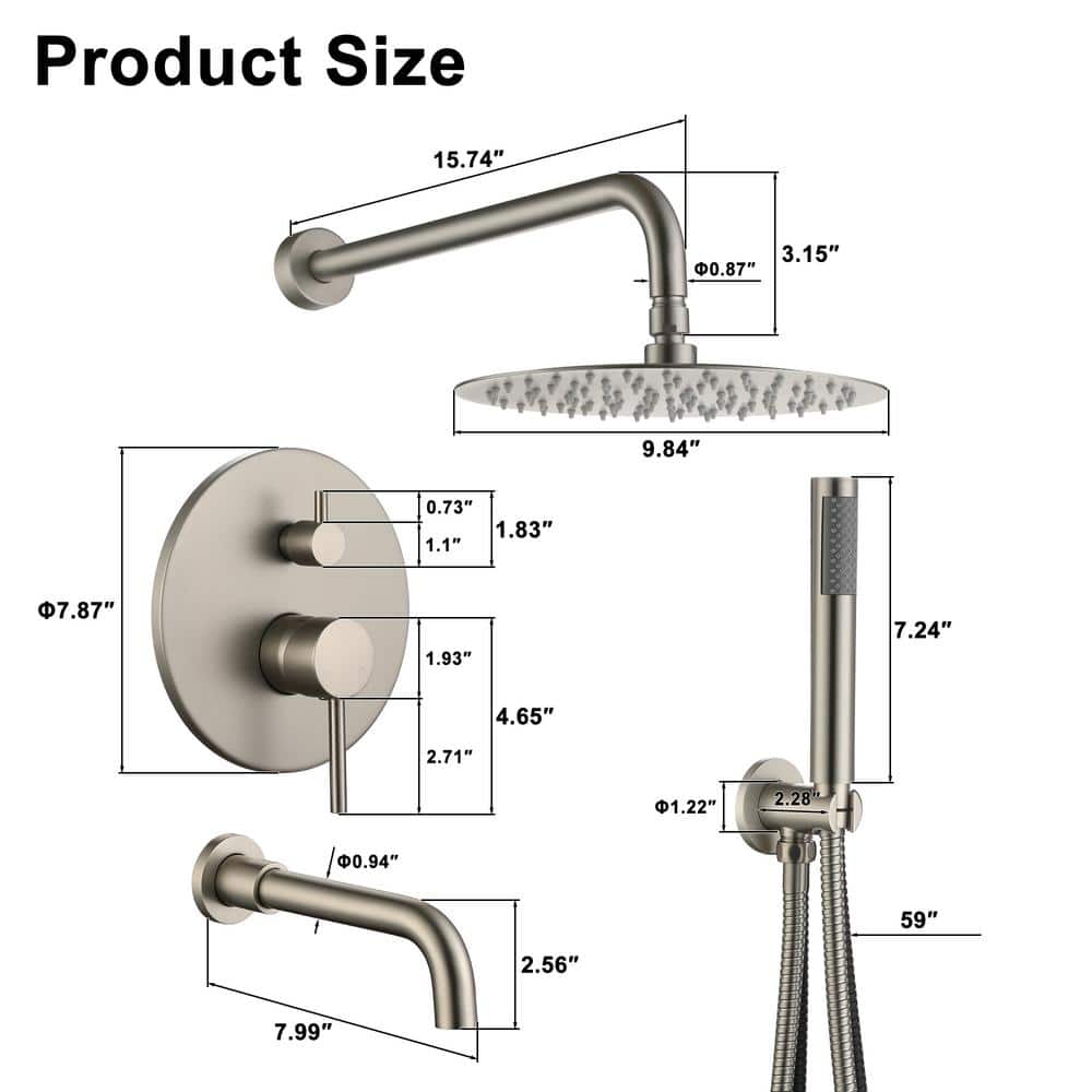 Brushed Nickel Large Round Rain Shower System with Handheld