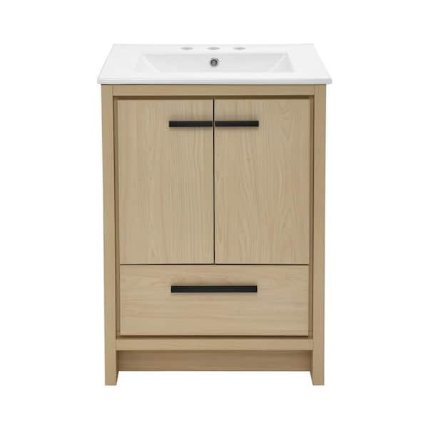 Swiss Madison Virage 24 in. W Brown Oak Bathroom Vanity in White with 3-Hole Ceramic Sink Top