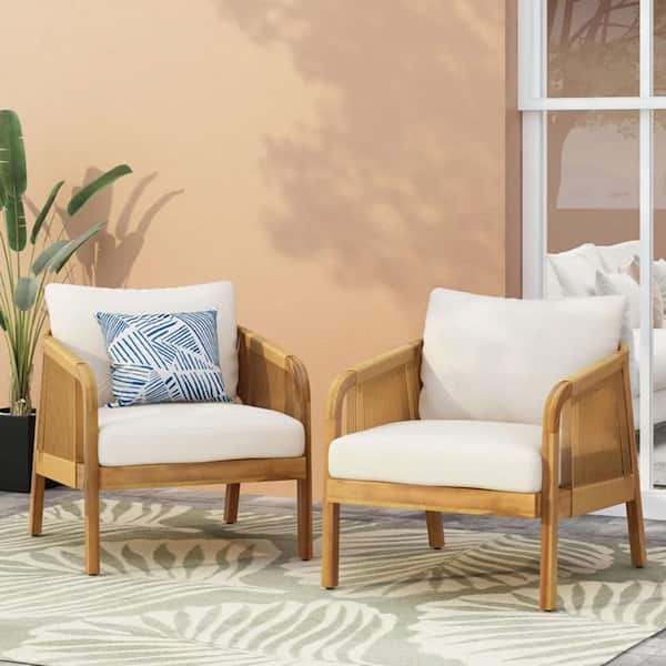 Outdoor Acacia Wood Club Chair with Beige Cushions, for Garden Backyard Porch Balcony, Set of 2