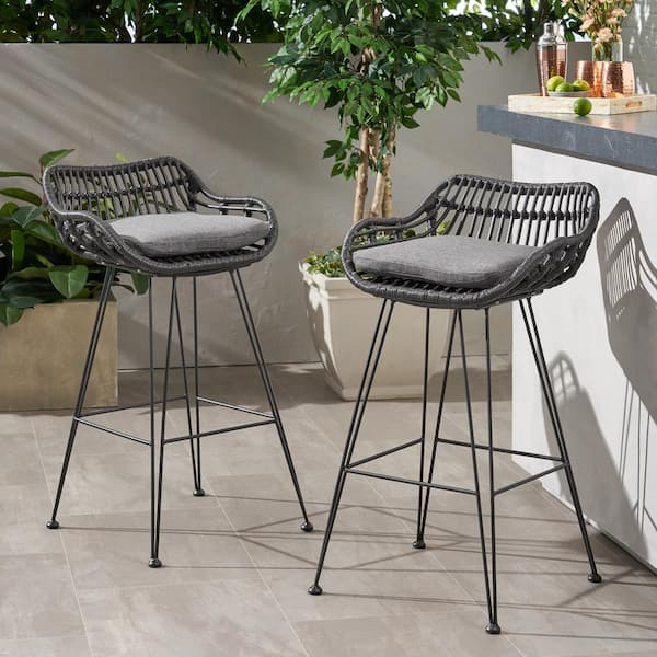 Unbranded Wicker Outdoor Bar Stools with Dark Gray Cushions for Patios, Backyards, Porches, Gardens, Poolside, (Set of 2)