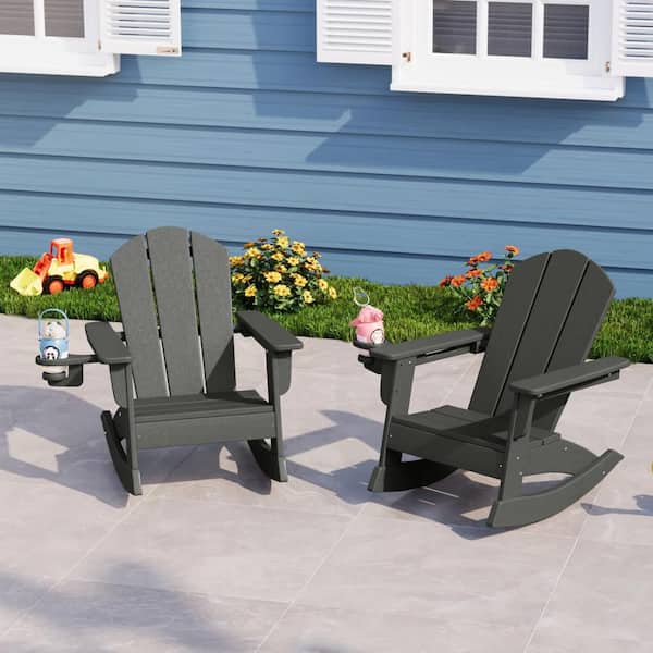 Children's Laguna Gray Patio All Weather Kids Poly Plastic Outdoor Rocking Chairs w/ Cup Holders (Set of 2)