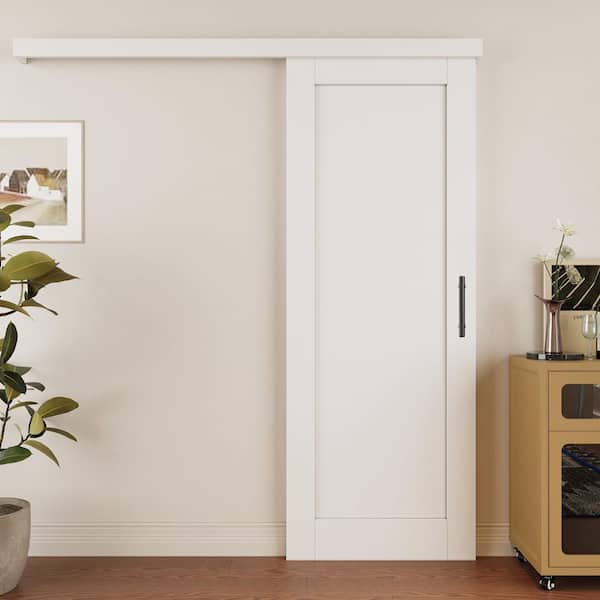 30 in. x 80 in. 1 Panel White Primed DIY Painting MDF Sliding Barn Door with Hardware Kit and Soft Close (Hidden Track)