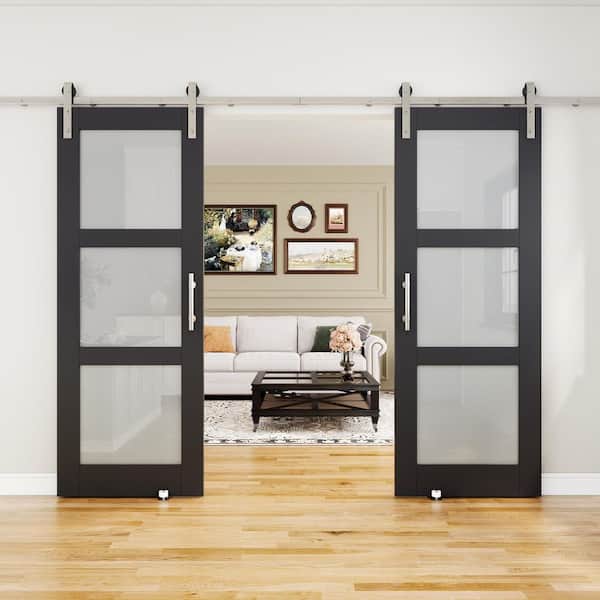 60 in. x 80 in. 3 Lite Tempered Frosted Glass Black Finished MDF Sliding Barn Door with Hardware Kit Nickel