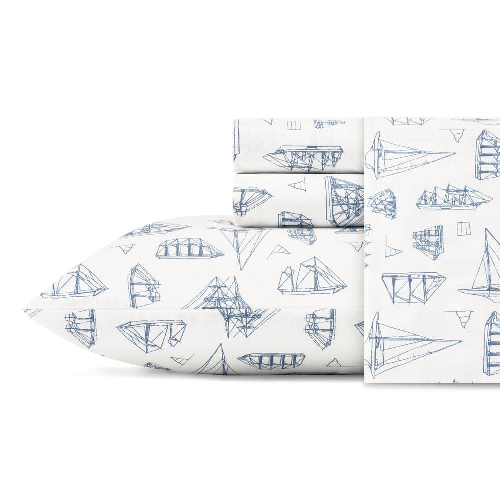 Twin XL Blue Cotton Percale Nautical Print Sheet Set