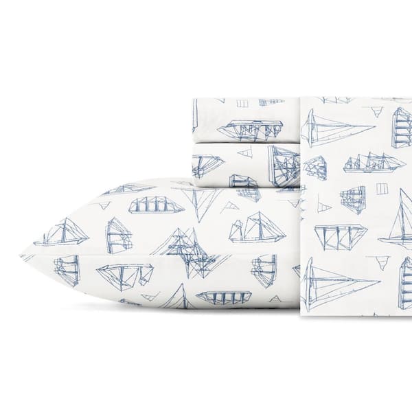 Nautica Whitewood Sail 4-Piece Blue Graphic Cotton Full Sheet Set