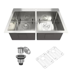 33 in. Drop-in Double Bowl 18-Gauge Brushed Stainless Steel Kitchen Sink with Accessories