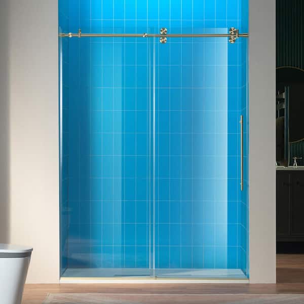 60 in. W x 80 in. H Sliding Frameless Shower Door in Brushed Bronze Finish with 3/8 in. Clear Glass