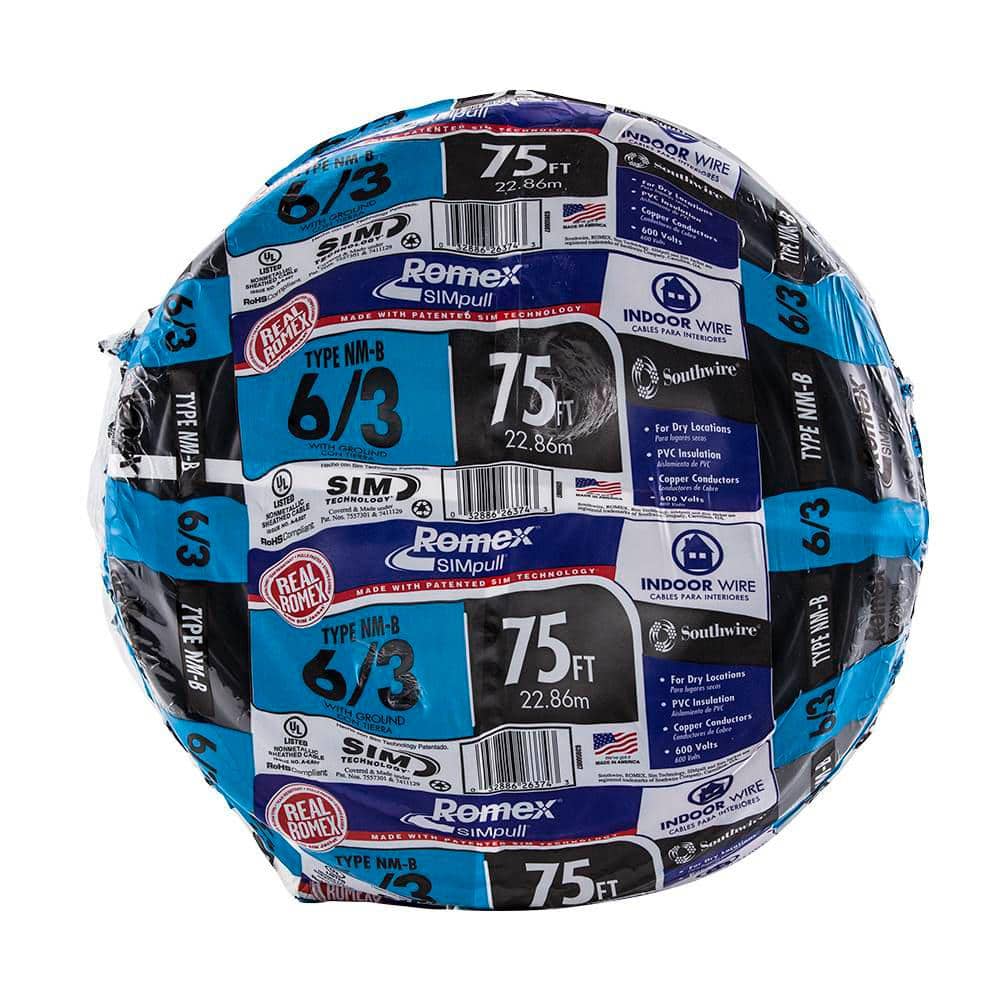 6//3 Copper 6 Gauge Southwire Stranded Romex SIMpull CU NM-B W//G Wire 75 Ft