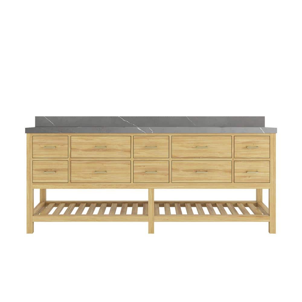 Parker Teak 84 in. Double Sink Freestanding Light Natural Bath Vanity with Regular Piatra Gray Quartz Top Unassembled price history on PriceWatchPro