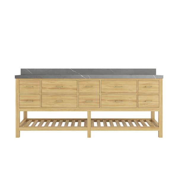 Parker Teak 84 in. Double Sink Freestanding Light Natural Bath Vanity with Regular Piatra Gray Quartz Top Unassembled