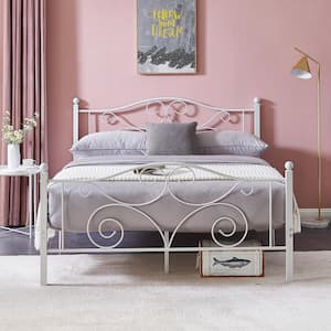 Bed Frame White Metal Frame Queen Size Platform Bed Mattress Foundation Support with Headboard and Footboard Metal Bed