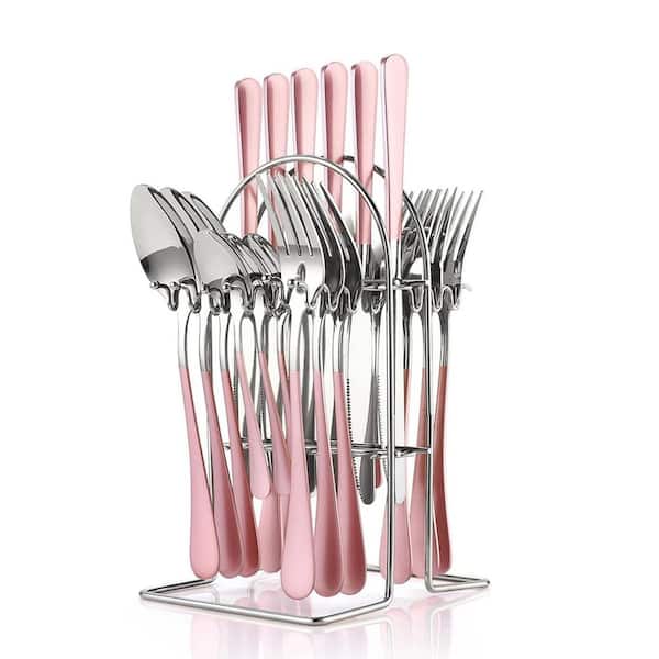 24-Piece Pink Stainless Steel Flatware Set with Holder (Service for 6), Includes Dinner Knives Forks Spoons Teaspoons