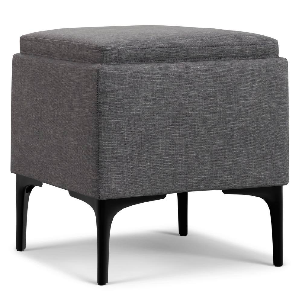 Natasha 18 inch Wide Mid Century Square Mid Century Storage Ottoman with Tray in Slate Grey Polyester Linen