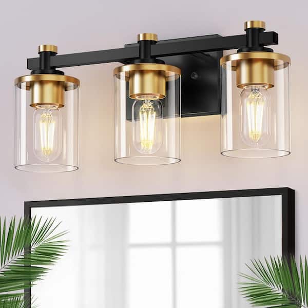 20 in. 3-Light Black and Gold Bathroom Vanity Light with Clear Glass Shades for Mirror and Vanity (Bulbs Not Included)