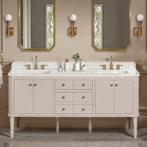 Collette 72 in. Double Sink Greige Bath Vanity with Carrara White Marble Top (Assembled)