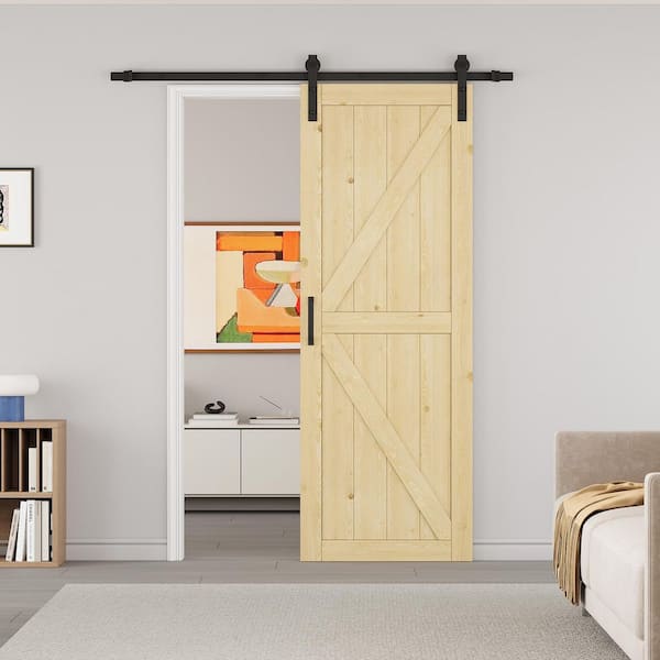 EH PUERTA 30 in. x 84 in. Paneled K Shape Solid Pine Unfished Wood Sliding Barn Door Slab with Installation Hardware Kit