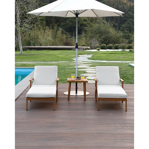 Medium Brown Wood 3-Piece Aluminum Outdoor Patio Reclining Chaise Lounge with Side Table and Beige Cushions