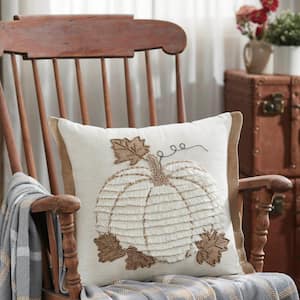Seasons Crest Creme Embroidered Beaded 18 in. x 18in Fall Pumpkin Decorative Throw Pillow