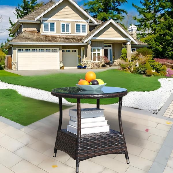 Brown Wicker Outdoor Side Table Patio Coffee Table Round End Table