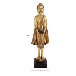 Gold Resin Meditating Buddha Sculpture with Engraved Carvings and Relief Detailing