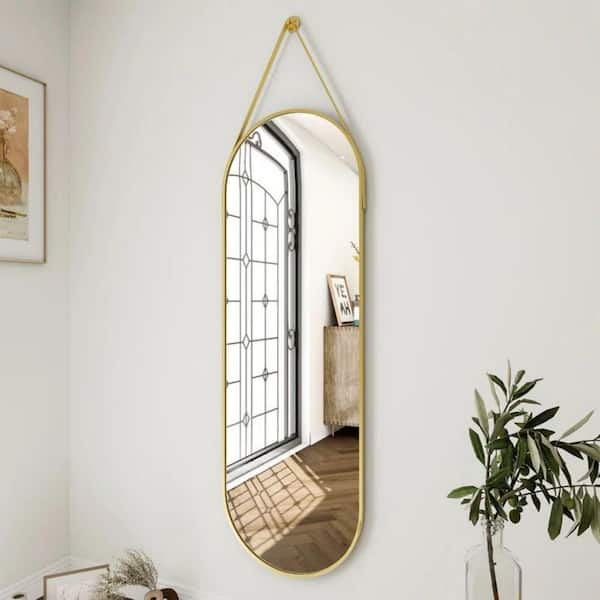 HOMLUX 16 in. W x 48 in. H Oval Framed Wall Bathroom Vanity Mirror in Gold Decorative Modern Rust-Resistant Metal Frame