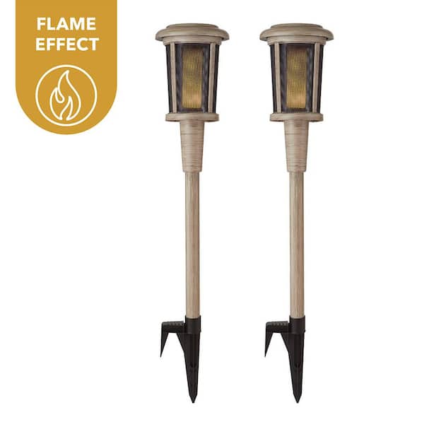 Hampton Bay Ambrose Solar 6 Lumens Natural Oak Integrated LED Flicker Flame Torch Path Light with Adjustable Height (2-Pack)