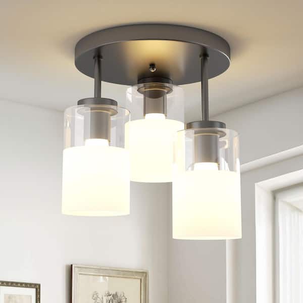 Sonoma 11.5 in. 3-Lights Matte Black Glass Modern Semi Flush Mount Lighting Bedroom Ceiling Lights Fixtures