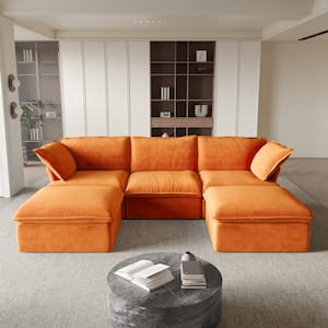 123 in. Modern Rounded Arm 5-Piece Velvet U Shaped Reversible Sectional Sofa in Orange w/ Pillows and Ottomans