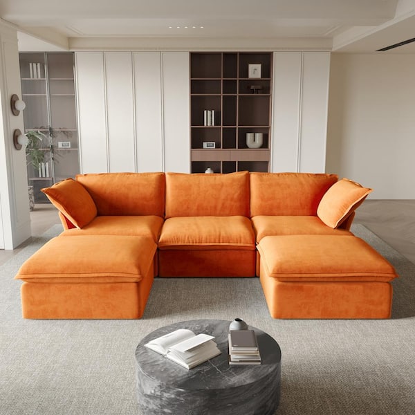 Magic Home 123 in. Modern Rounded Arm 5-Piece Velvet U Shaped Reversible Sectional Sofa in Orange w/ Pillows and Ottomans