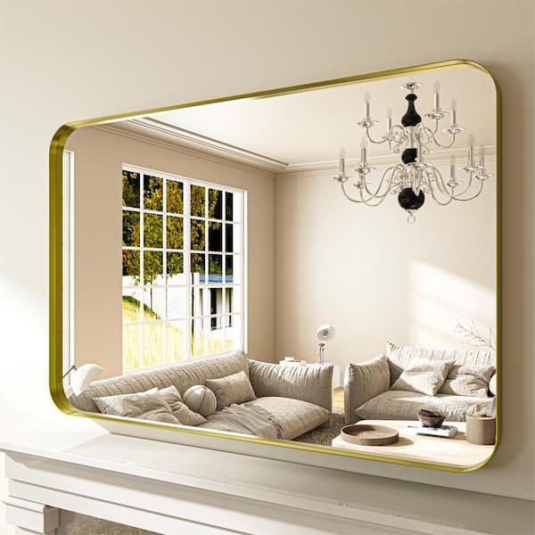 ORGANNICE 48 in. W x 32 in. H Modern Gold Aluminum Framed Rounded Wall Mount Mirror