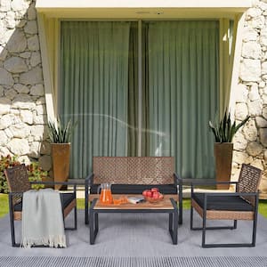 4-Piece Wood Patio Furniture Set Outdoor Balcony Porch Garden Backyard Lawn Furniture with Black Cushions