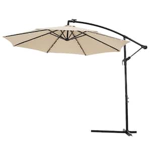 10 ft. Steel Cantilever Solar Patio Umbrella Offset Umbrella in Tan with Crank and 24 LED Lights