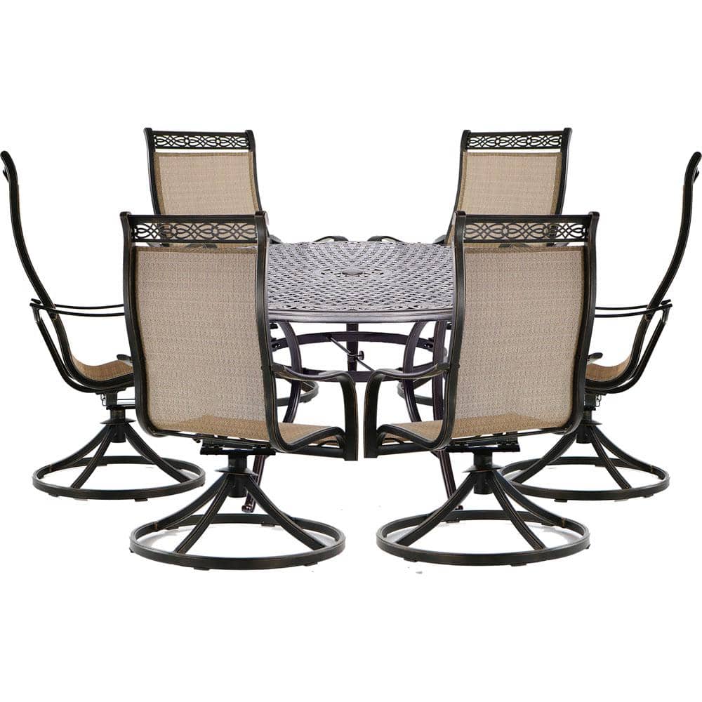 Hanover MANDN7PCSW-6 Chairs and Rectangle Cast Aluminum Table Tan 6 Sling Swivel Rocker Brushed Bronz Manor 7-Piece Outdoor Patio Dining Set