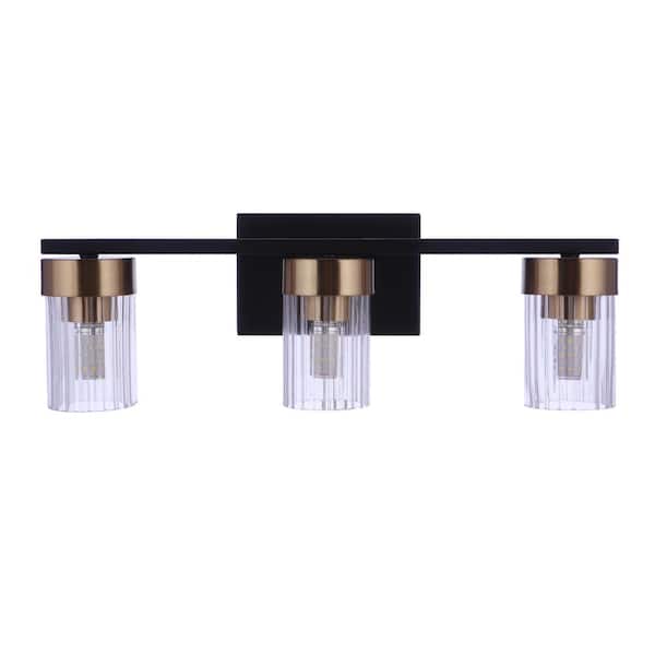CRAFTMADE Bond Street 19 in. 3 Light Flat Black/Satin Brass Finish Vanity Light with Clear Ribbed Glass