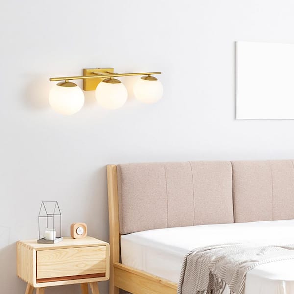 23.62 in. 3-Light Gold and White Modern Vanity Light with White Globe Glass Shade, No Bulbs Included