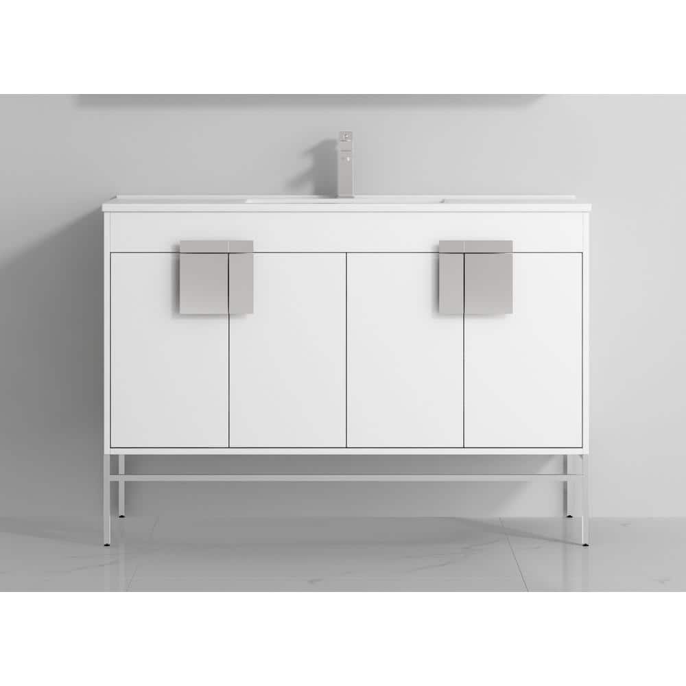 47" White Minimalistic Single Sink Bathroom Vanity with Ceramic Top